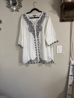 Peppermint White Tunic Top with Black Floral Embroidery